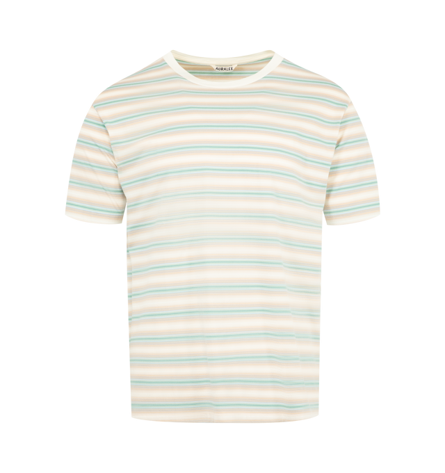 Image 1 of 2 - NEUTRAL - AURALEE Gradient Stripe Cotton Tee featuring short sleeves, crew neckline and stripes throughout. 100% cotton. Made in Japan.