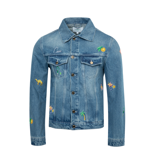 Image 1 of 2 - BLUE - CASABLANCA STONE WASH DENIM EMBROIDERED MOTIF JACKET CASABLANCA is a classic fit motif denim jacket in stonewashed denim with signature embroidery throughout and features a spread collar, gold button-front closure, chest flap pockets, long sleeves, button cuffs and waist tabs. 100% Cotton. Embroidery: 100% Polyester. 