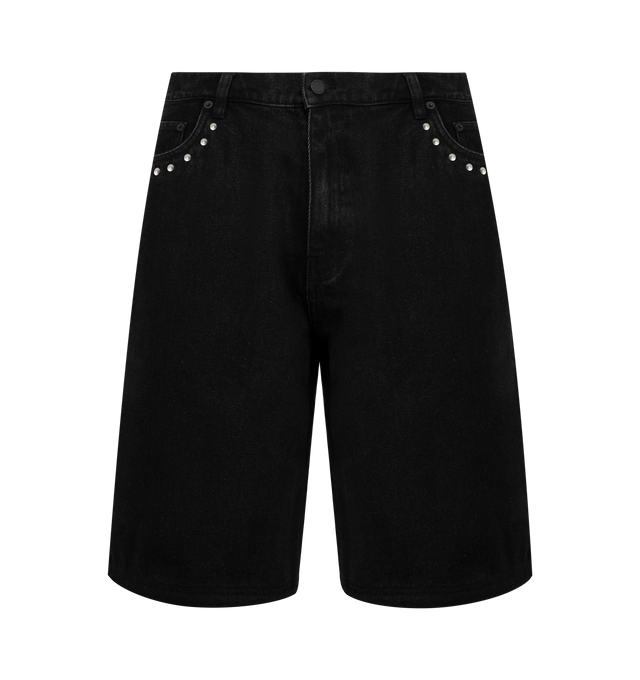 Image 1 of 3 - BLACK - PLEASURES X DAFT PUNK Lucky Studded Jorts featuring midweight denim fabric, button closure with zip fly, belt loops, 5 pockets, studded detailing along side pockets and outseam, leather Pleasures wordmark patch on back and embroidered Daft Punk logo on back right pocket. 100% cotton.