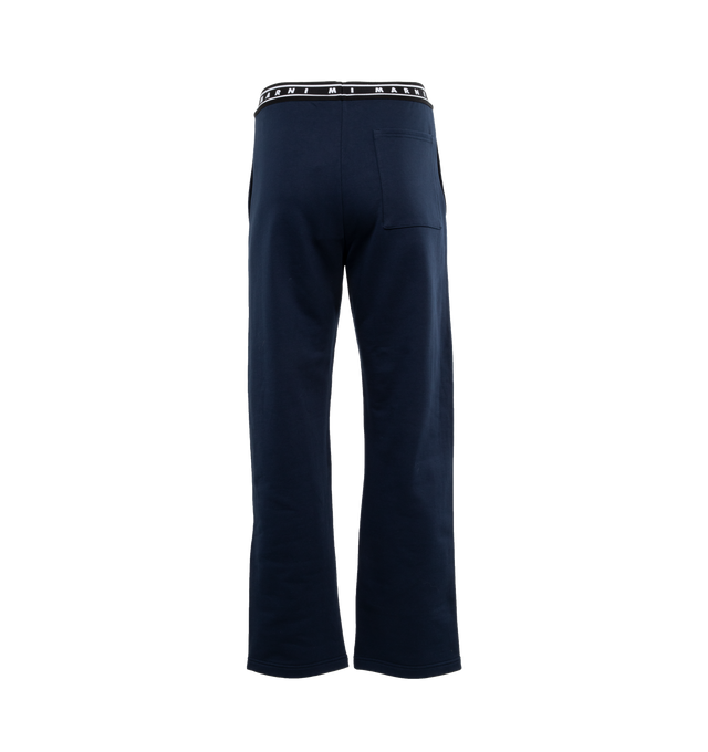 Image 2 of 5 - BLUE - MARNI Logo Waistband Trousers featuring cigarette trousers, frontal closure, side slit pockets and back welt pockets. 100% cotton. Made in Italy. 
