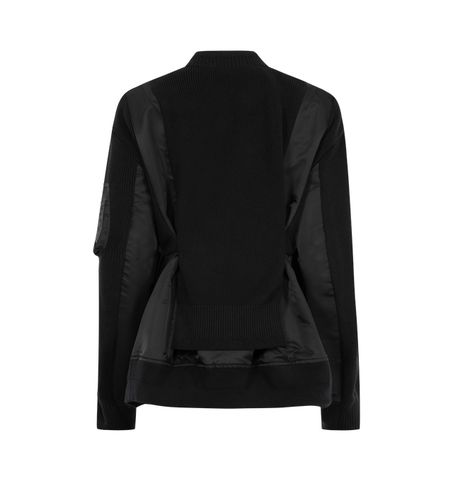 Image 3 of 4 - BLACK - SACAI Nylon Twill x Knit Blouson featuring round neck, long sleeves, stitching details, stretch cuffs and hem. 52% cotton, 46% polyester, 1% nylon, 1% polyurethane.