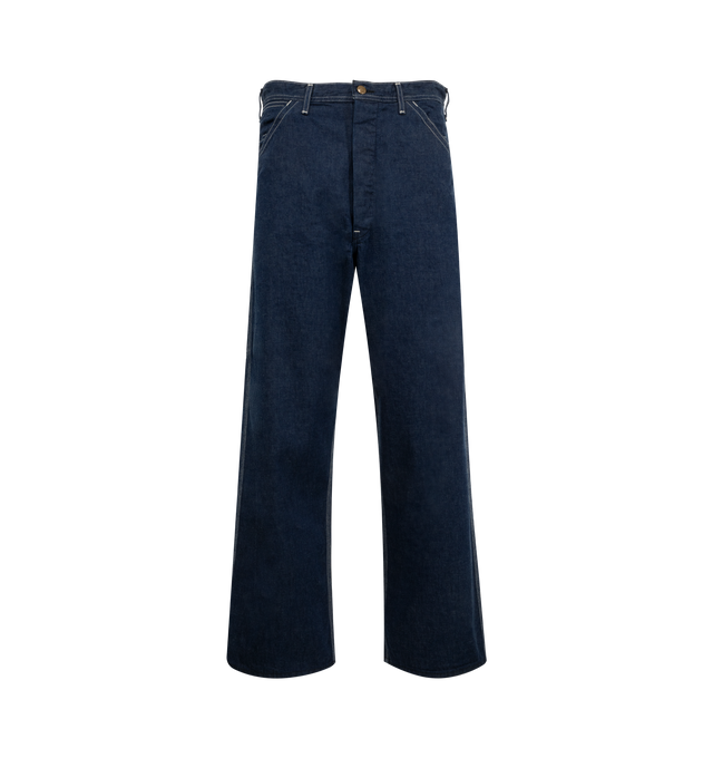 Image 1 of 3 - NAVY - ORSLOW Wide Fit 30's Painter Pants featuring five-pocket detailing, white stitching, a zipper fly with snap button closure, and aged copper rivets. 100% cotton. Made in Japan.
