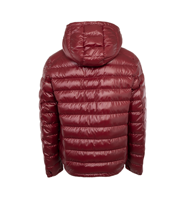 Image 2 of 4 - RED - MONCLER Cornour Padded Jacket featuring two-way zip fastening, adjustable hood, padded insulation, and rubberised logo and striped detailing across the hood. 100% polyester. Padding: 90% down, 10% feather. Made in Moldova. 
