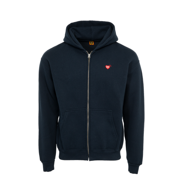 Image 1 of 4 - NAVY - HUMAN MADE Zip-Up Hoodie featuring zip front closure, heart logo embroidery on the chest and "Human Made" print on the back.  