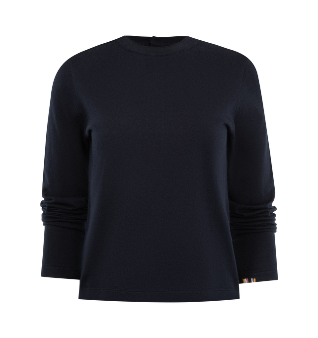 Image 1 of 2 - NAVY - EXTREME CASHMERE Lizzy Sweater featuring long-sleeves, lightweight cotton-cashmere blend, square fit, a back button closure and crew neck. 70% cotton, 30% cashmere.