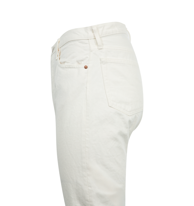 Image 3 of 3 - WHITE - ORSLOW 105 90's Denim featuring a medium rise, slightly boxy through the top block, a straight leg, standard 5 pockets, white stitching, button fly, and aged copper rivets. 100% cotton. Made in Japan.