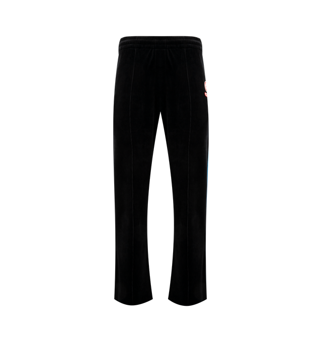 Image 1 of 3 - BLACK - CASABLANCA Velour Track Pants featuring straight-leg, elasticated waistband, drawstring fastening, pin-tuck seams down the front, piping details down the sides, in-seam side pockets, a back welt pocket with zip closure, signature interlocking CC logo and the Casablanca logo. 73% cotton, 16% polyester, 10% recycled polyester, 1% elastane. Made in Portugal.