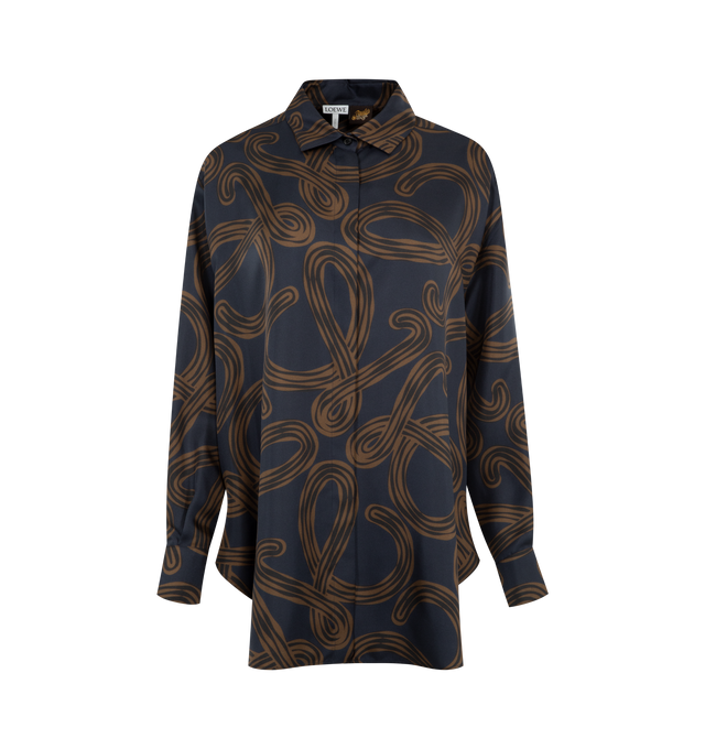 Image 1 of 3 - NAVY - LOEWE PAULA'S IBIZA Shirt in lightweight printed silk twill featuring a placed Anagram print and asymmetrical front-to-back hem, relaxed fit, long length, classic collar, concealed front button fastening and buttoned cuffs. Silk. Made in Italy.