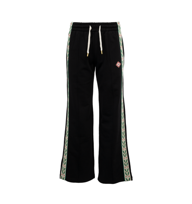 Image 1 of 4 - BLACK - CASABLANCA Laurel Tape Panelled Sweatpants featuring pull-on styling with elastic waistband and front drawstring tie closure, 3-pockets, contrast side tape at sides with signature artwork embroidery and midweight fleece fabric. 100% organic cotton. 