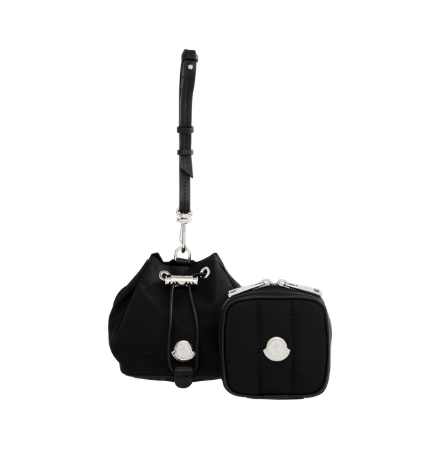 Image 1 of 3 - BLACK - MONCLER Double Pouch featuring nylon drill, cotton drill lining, mini zipped pouch, mini pouch with drawstring closure, leather wrist strap and metal logo. H 7.5 cm x L 7.5 cm x D 2 cm and H 11 cm x L 8 cm x D 8 cm. 100% polyamide/nylon. Made in Italy.