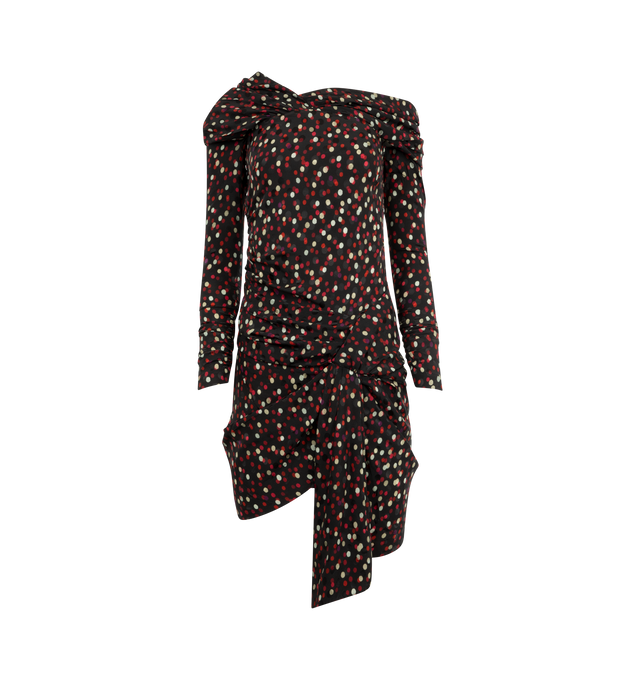 Image 1 of 2 - BLACK - ISABEL MARANT Elara Dress featuring short draped silk polka dot print dress, asymmetrical low-cut off-the-shoulder neckline, long sleeves, fitted cut and draped asymmetrical length. 90% silk, 10% elastane.