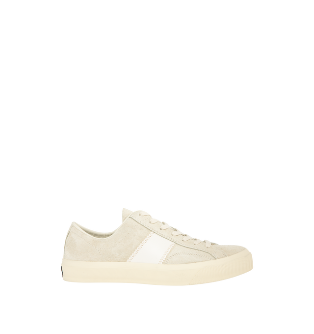 Image 1 of 5 - WHITE - TOM FORD Cambridge Suede Low-Top Sneakers featuring contrast smooth leather straps on the sides, flat heel, round toe, lace-up vamp, lozenge logo on the heel and rubber outsole. Lining: Leather. Made in Italy.