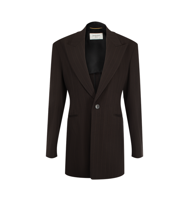 Image 1 of 2 - BROWN - Saint Laurent Women's Striped Wool-Blend Blazer is crafted from brown and beige wool-blend fabric and features defined shoulders with a delicate striped pattern. The tailored silhouette is finished with a single-breasted one-button closure, welt pockets, and interior pockets. Main Material: 63% Wool, 32% Viscose, 5% Polyester. Made in Italy.