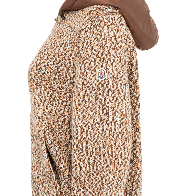 Image 3 of 3 - BROWN - MONCLER Wool Zip Up Hoodie featuring zip front fastening, ribbed hem and cuffs, drawstring nylon padded hood, side pockets and logo on sleeve. 100% wool. 100% polyamide.