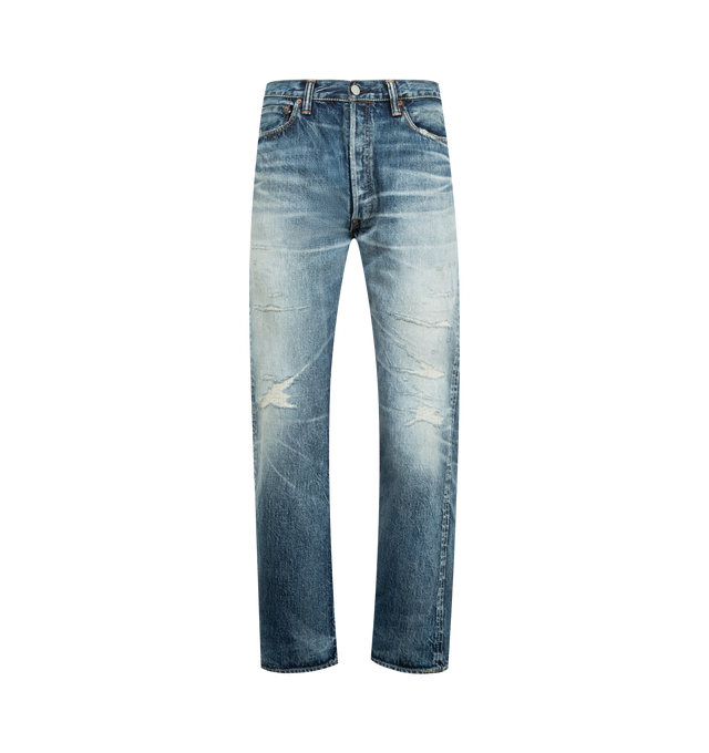 Image 1 of 3 - BLUE - FULLCOUNT 1937 Model HW Mykonos Jean featuring 13.7oz original selvedge denim, 5 pocket style, high rise, wide straight leg, cinch back detail, suspender buttons and distressing throughout. 100% Zimbabwe cotton.