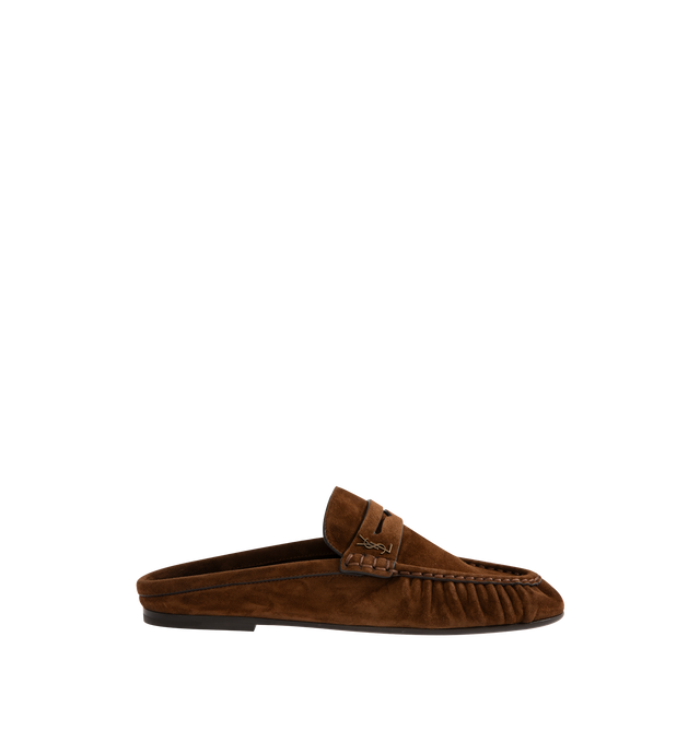 Image 1 of 4 - BROWN - SAINT LAURENT Le Loafer Moc featuring supple loafer mules decorated with the cassandre, a hand-stitched moc toe and leather sole. Calfskin. Made in Italy.