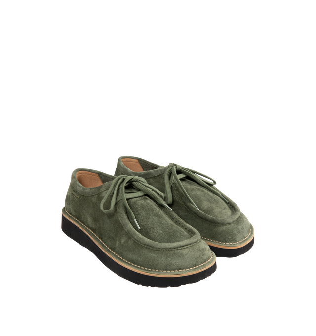 Image 2 of 4 - GREEN - LOEWE Faro lace-up in suede calfskin featuring a moc-toe construction and a bulky toe shape outlined by suede piping, flat cotton laces and a lightweight rubber sole. Calf suede. Made in Italy.