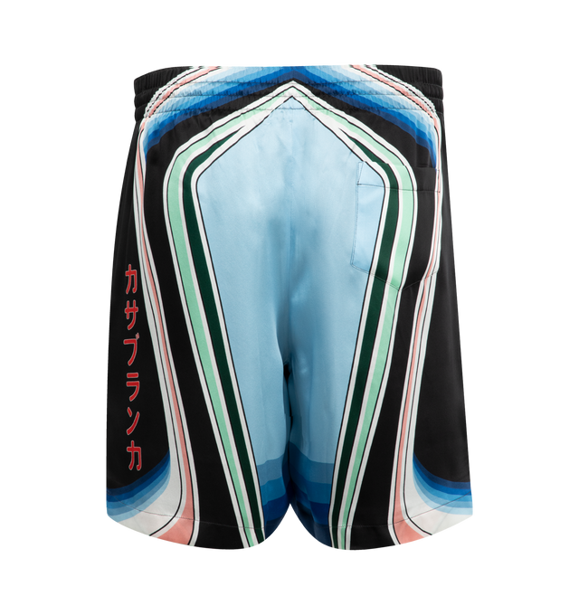 Image 2 of 3 - MULTI - CASABLANCA Graphic Mountain Silk Shorts featuring an all-over printed design, silk satin fabric, an elasticised waistband, drawstring fastening, in-seam side pockets, and a back pocket. 100% silk. Made in Italy.