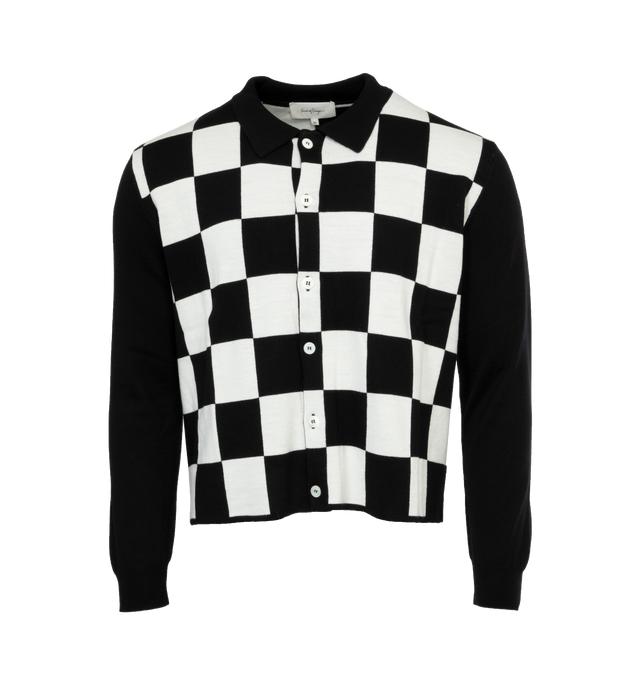 Image 1 of 3 - BLACK - SECOND LAYER Checkered Open Collar Button Up Knit featuring ribbed collar and cuffs, checkered pattern throughout and classic 2-hole pearl buttons. Wool/Cashmere. 