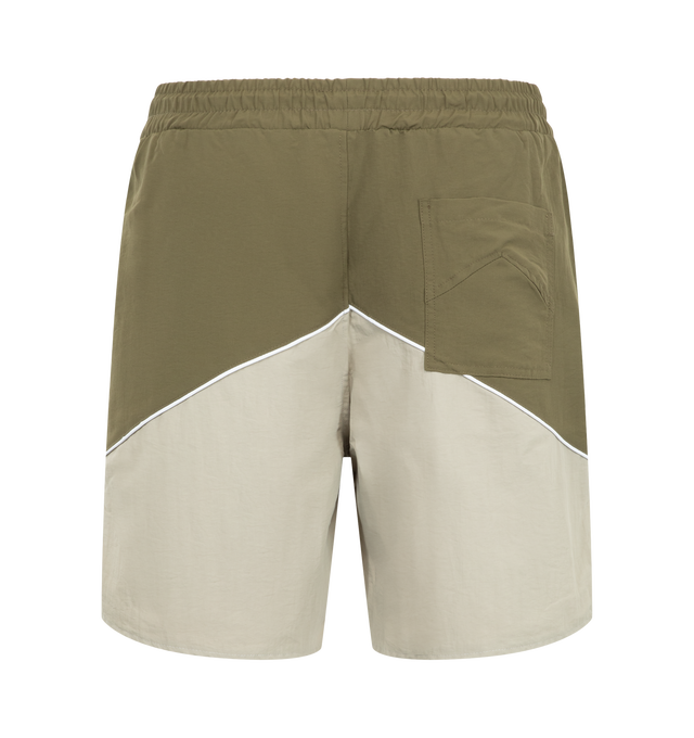 Image 2 of 3 - GREEN - Rhude Desert Racing Track Short is crafted from lightweight nylon and features a relaxed athletic silhouette designed for comfort and movement. Detailed with Desert Racing-inspired graphics, an elasticated waistband, and functional pocket styling, the shorts offer a sport-driven look for everyday wear. Main Material: 100% Nylon. Made in the USA.