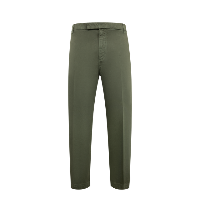 Image 1 of 3 - GREEN - THOM BROWNE Utility Trouser with a shortened hem crafted from breathable cotton fabric. Featuring tab front closure, button-fastening back welt pockets and signature striped grosgrain loop tab. 100% Cotton. Made in Italy.
