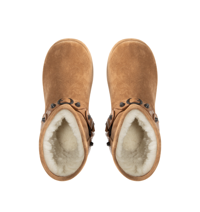 Image 4 of 4 - BROWN - BALENCIAGA Alaska Soft Bootie featuring split calfskin, wool and synthetic material, round toe, harness on the upper with studs and buckles in abs, Balenciaga logo debossed on the back and tone-on-tone sole. Upper: calfskin. Sole: TPU, bio-based TPU. Insole: wool, polyester, acrylic. Made in Italy.