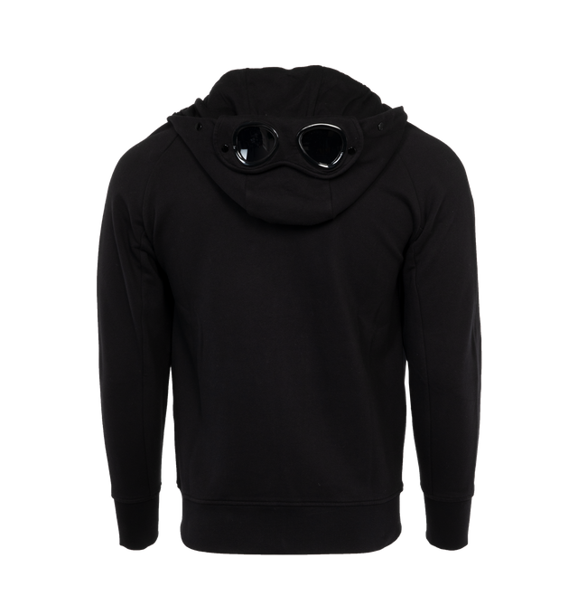 Image 2 of 3 - BLACK - C.P. COMPANY Diagonal Raised Fleece Goggle Hoodie featuring adjustable Goggle hood, ribbed hem and cuffs, two zip front pockets and full zip fastening. 100% cotton. 