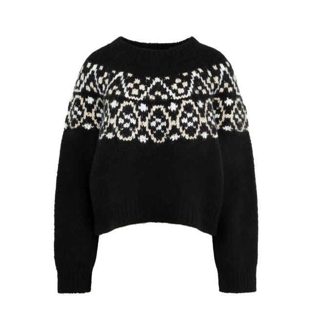 Image 1 of 3 - BLACK - NILI LOTAN Chrissy Sweater featuring crew neck, long sleeve, pullover, chunky jersey stitch with fairisle pattern across the chest, relaxed boxy body, regular sleeve length, medium body length and 1x1 rib at hem, sleeve, and neckline. 90% cashmere, 10% silk.