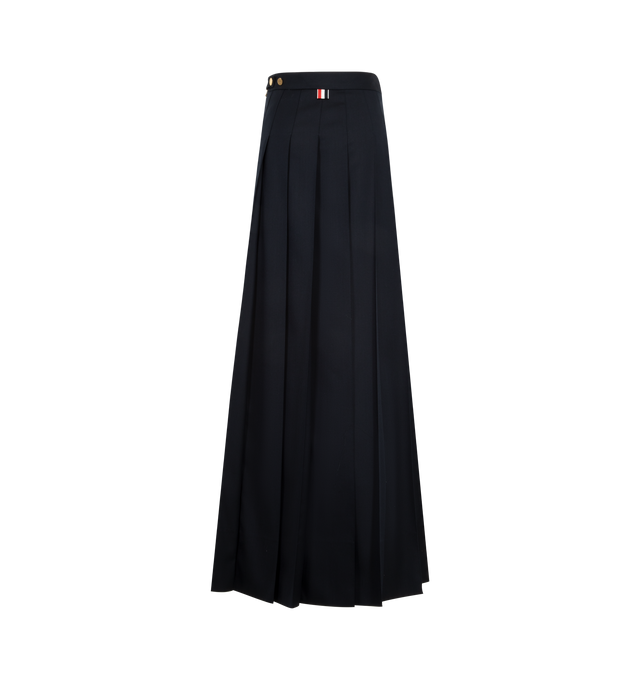 Image 2 of 3 - BLUE - Thom Browne Womens Pleated Long Skirt is crafted from wool twill. Features a pleated silhouette, side zip closure, adjustable button backstrap, dropped back hem with signature grosgrain trim, and signature grosgrain loop tab at the back waist. Main Material: 100% Wool; Lining: 100% Cupro. Made in Italy.