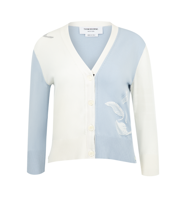 Image 1 of 2 - BLUE - THOM BROWNE Funmix Feather Intarsia Pointelle Cardigan featuring woven feathers, 4-bar detailing, v neck, front button closure with striped grosgrain placket, buttoned side vents with signature striped grosgrain trim, buttoned cuffs with signature striped grosgrain trim and signature striped grosgrain loop tab. 100% cotton. Made in Italy.