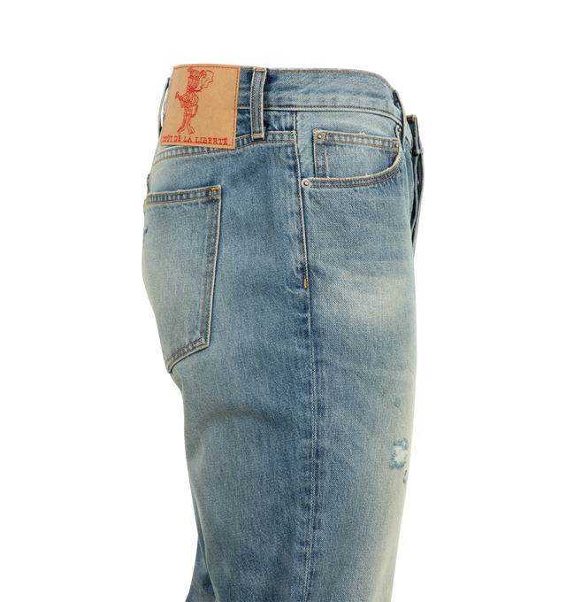 Image 3 of 3 - BLUE - COUT DE LA LIBERTE Rafa Vintage Straight Jean featuring long length, straight hem, button zip front closure, 5 pocket style and belt loops. 100% cotton. Made In USA.