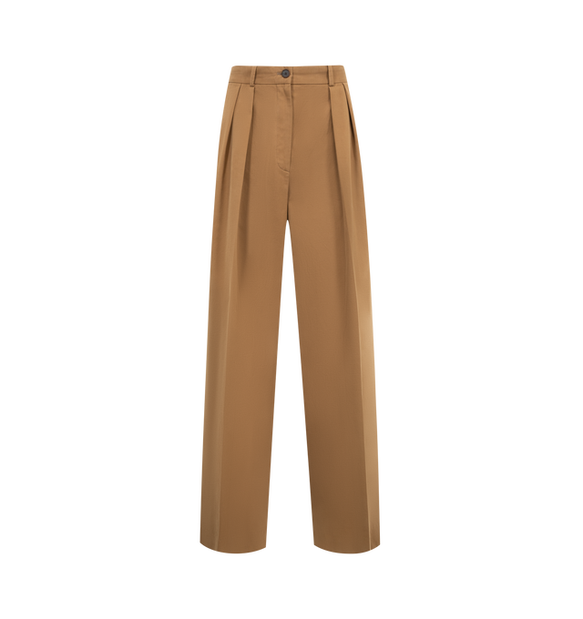 Image 1 of 3 - BROWN - THE ROW Igor Pant in Cotton and Cashmere featuring low-rise trouser in cotton and cashmere gabardine with wide straight leg, front double pleats, and slanted side pockets. 95% cotton, 5% cashmere. Lined in 65% polyester, 35% cotton. Made in Italy.