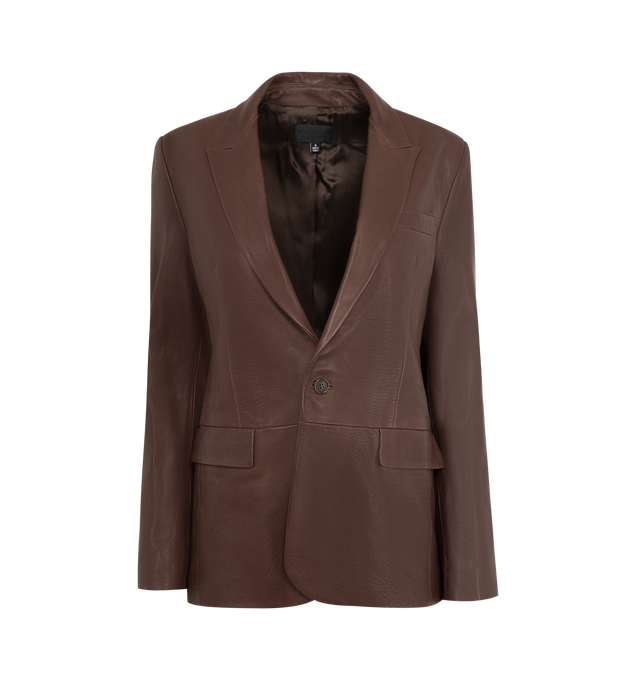 Image 1 of 2 - BROWN - NILI LOTAN Belmonde Leather Single-Breasted Jacket featuring peak lapels, single-breasted front, long sleeves, button cuffs, chest welt pocket, hip flap pockets, slim fit, hem falls below the hip and walking vent back. Lambskin leather. Made in USA.