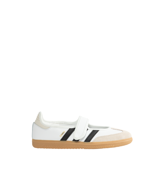 Image 1 of 5 - WHITE - Adidas Women's Samba Jane Shoes are crafted from smooth leather and feature a modern Mary Jane-inspired interpretation of the iconic Samba silhouette. Designed with signature serrated 3-Stripes, a low-profile shape, satin lining, and a gum rubber outsole, this style blends the heritage of the original indoor trainer with a contemporary everyday aesthetic.
