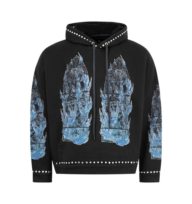 Image 1 of 2 - BLACK - WHO DECIDES WAR Flame Glass Hooded Pullover featuring boxy, slightly cropped fit, distressed detailing, screenrprinted graphics on front, back, and sleeves and metal stud accents. 100% cotton.