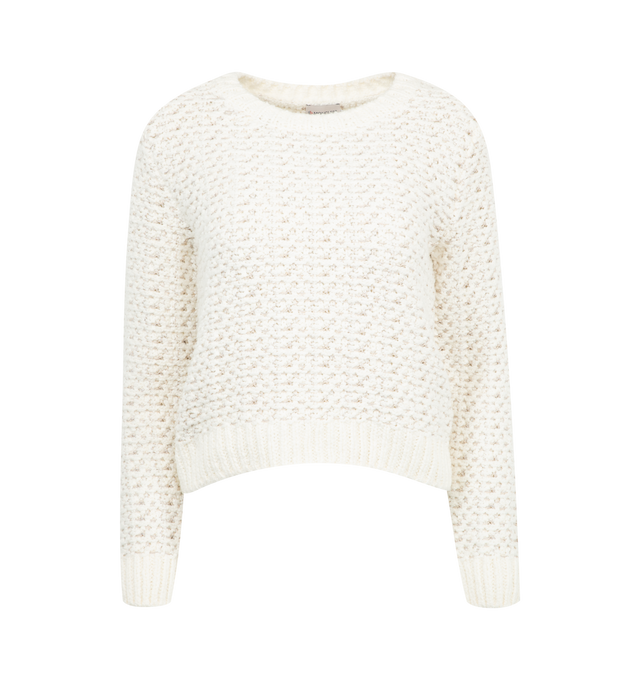 Image 1 of 3 - WHITE - Moncler Textured Cotton Sweater has a crew neck, fully fashioned woven stitches, and a signature logo patch on the arm. Cotton and viscose blend. Made in Romania.