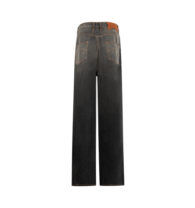 Image 2 of 4 - BLACK - RHUDE Traxedo Denim featuring classic wide leg cotton denim jeans, a mid rise, signature traxedo detailing down the leg, custom Rhude Closure button, zip fly, and hardware. 100% cotton.