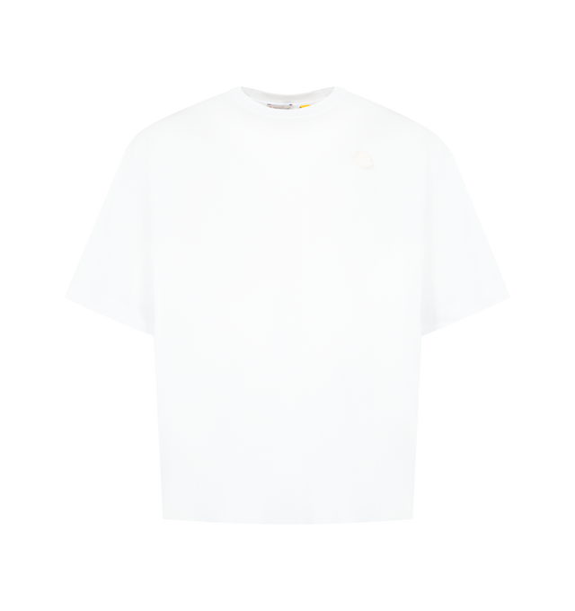 Image 1 of 2 - WHITE - Moncler x A$AP Rocky Cotton T-Shirt featuring cotton jersey, crew neck, short sleeves, logo print, logo patch and oversized fit. 100% cotton.