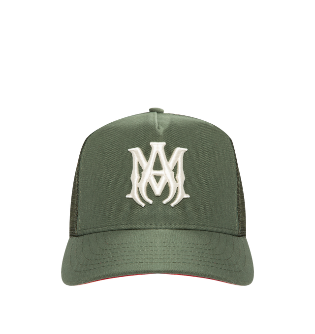 Image 1 of 3 - GREEN - AMIRI MA Trucker Hat featuring pieced mesh construction and a contrast embroidered logo graphic, mesh-paneled back and lined. Cotton/polyester. Made in USA.