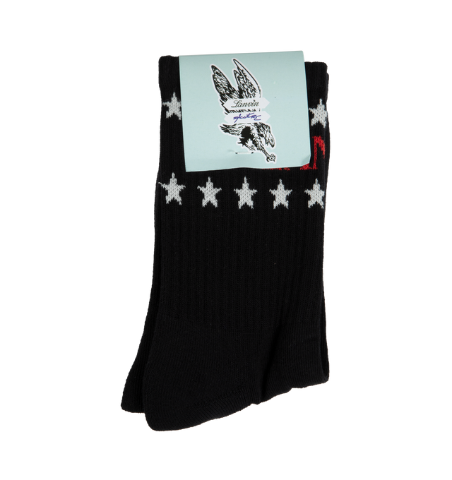 Image 1 of 1 - BLACK - LANVIN LAB X FUTURE Socks Logo and Stars featuring rib knit cuffs and jacquard stripes and logo at cuffs. 76% cotton, 20% polyamide, 4% elastane. 