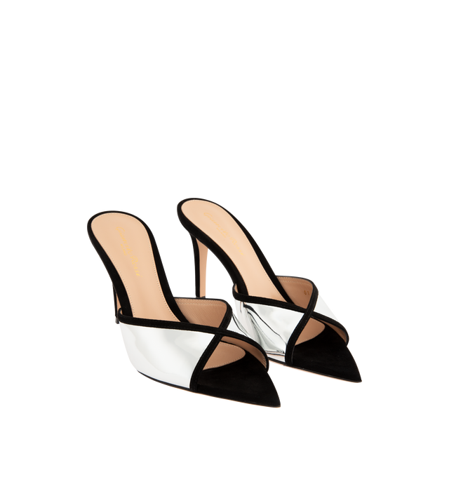 Image 2 of 4 - BLACK - GIANVITO ROSSI Mule Sandal featuring smooth calf leather and metallic accent upper, slip-on mule style and leather footbed and lining. Approx 85 mm / 3.35 inch heel. Made in Italy.