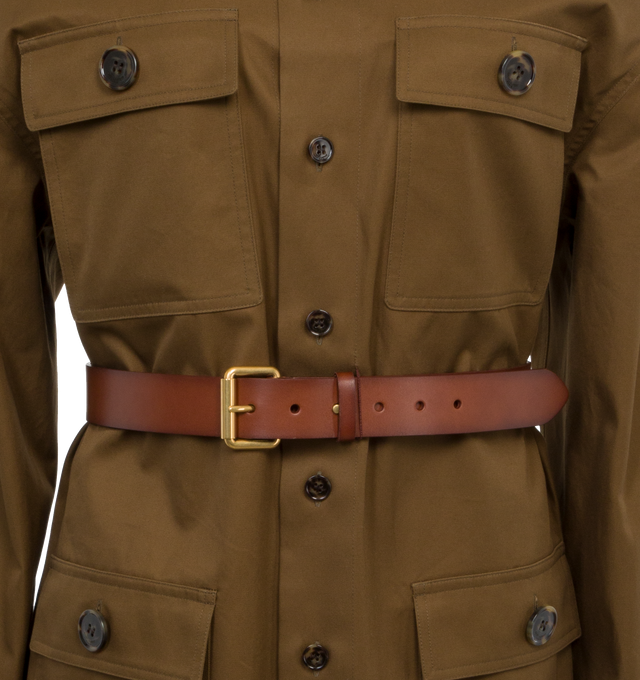 Image 3 of 3 - BROWN - SAINT LAURENT Saharienne Shirt featuring front button closure, removable pin buckle leather belt, two patch pockets at front and at back, pointed collar, button cuffs and side slits. 100% cotton. Made in Italy. 