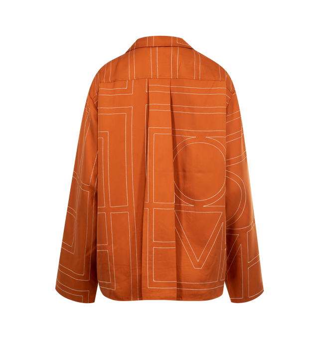 Image 2 of 2 - ORANGE - TOTEME Monogram Silk Pajama-Style Top featuring fine monogram pattern, notch collar, long wide sleeves, and mother-of-pearl button closure. 100% silk.
