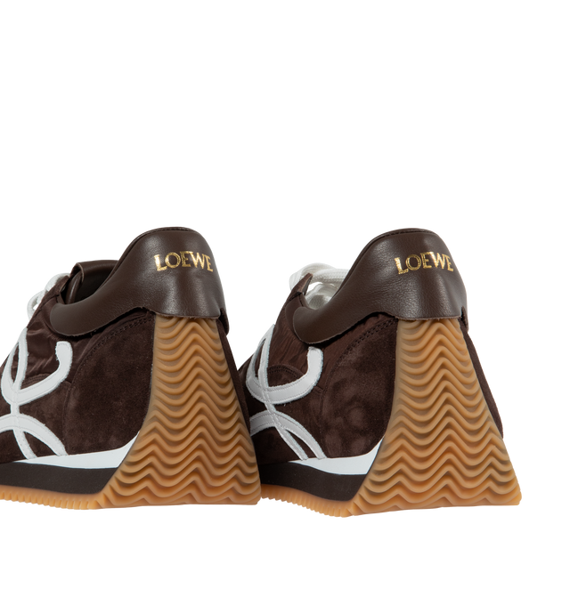 Image 3 of 5 - BROWN - Loewe Flow lace-up runner in  suede calfskin and nylon, featuring an L monogram on the quarter. The textured honey-coloured rubber outsole extends to the toe-cap and on to the back of the heel. Gold embossed LOEWE logo on the backtab. Made in: Italy. 