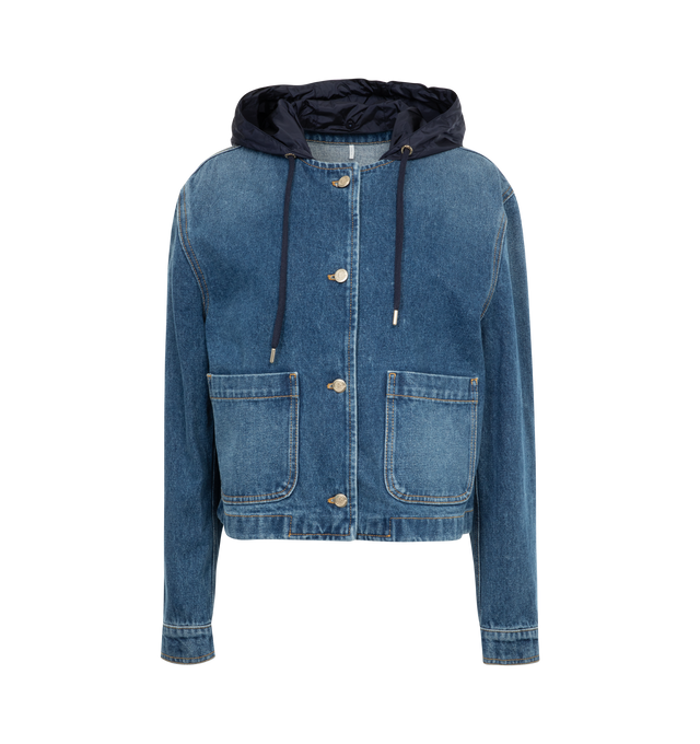 Image 1 of 3 - BLUE - MONCLER Lampusa Jacket featuring denim, detachable hood with nylon technique lining, button closure, patch pockets and adjustable cuffs. 100% cotton. 