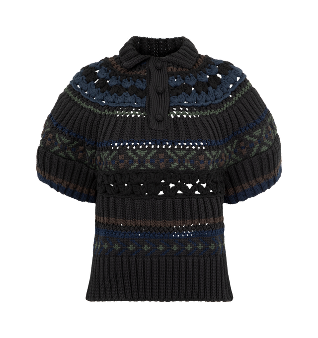Image 1 of 2 - BLACK - SACAI Mix Knit Pullover featuring richly textured patterning, sculptural puff short sleeves, button front placket, polo collar, ribbed hem and cuffs and regular fit. 70% polyester, 26% cotton, 4% acrylic. Lining: 100% polyester.
