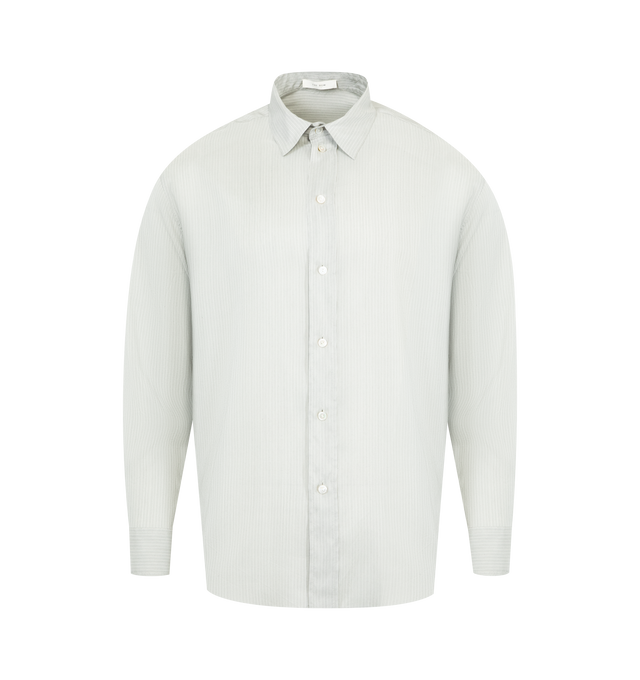 Image 1 of 2 - GREY - THE ROW Granada Shirt featuring a classic button-up shirt in cotton with curved hem, slim back yoke with side pleats and exposed front placket with mother-of-pearl buttons. 100% cotton. Made in Italy.