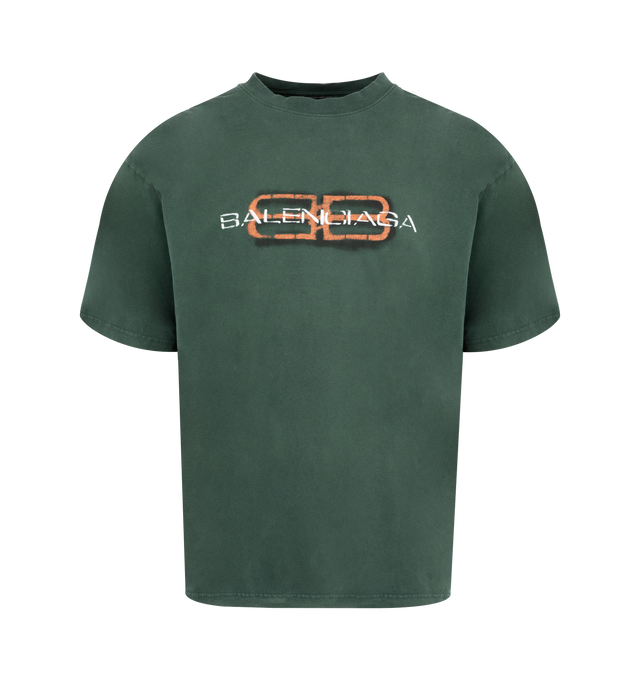 Image 1 of 2 - GREEN - BALENCIAGA BB Icon Stencil T-Shirt Medium Fit featuring dry jersey, crewneck, short sleeves and BB icon stencil artwork printed at front. 100% cotton. Made in Portugal.