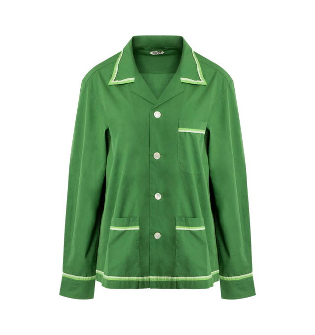 Image 1 of 3 - GREEN - BODE Top Sheet Shirt featuring boxy fit, four front buttons and three front patch pockets. 100% cotton.  