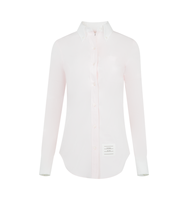 Image 1 of 2 - PINK - THOM BROWNE Solid Poplin Armband French Cuff Shirt featuring front button closure, button-down point collar, patch chest pocket, button-fastening self armbands, contrast buttoned French cuffs, pleated back yoke with locker loop, curved hem, name tag appliqu, signature striped grosgrain loop tab and classic fit. 100% cotton. Made in Italy.